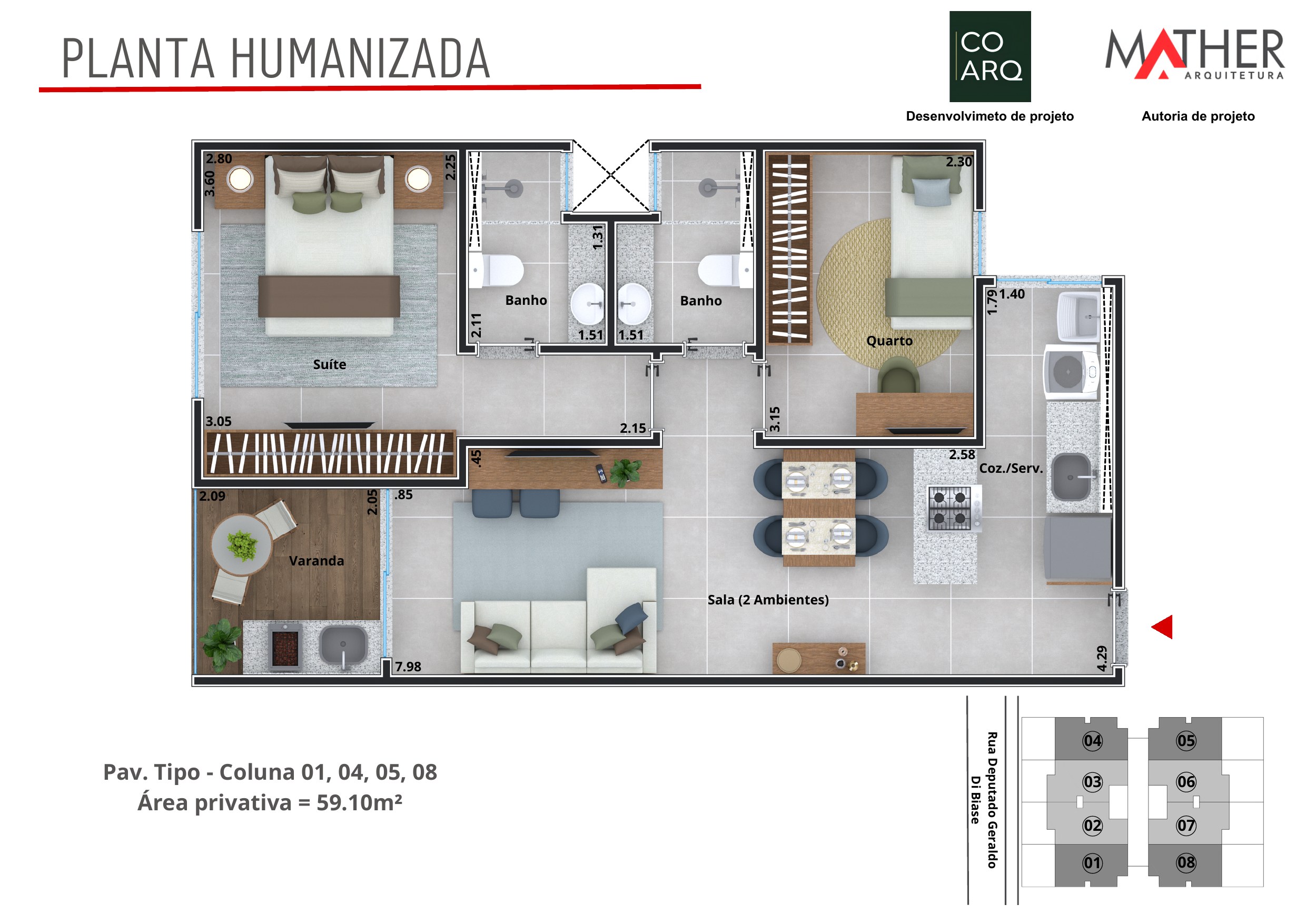 Planta humanizada do Apartamento tipo, 59,10 m² · colunas 1, 4, 5 e 8