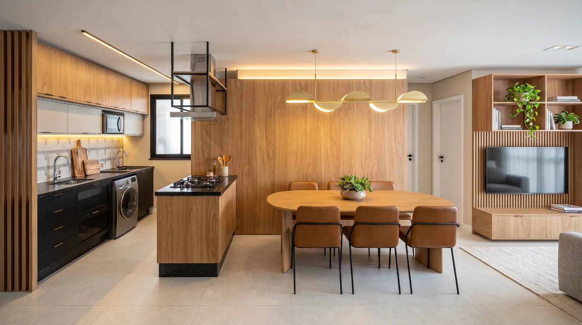 Sala de estar e jantar integradas à cozinha do apartamento tipo